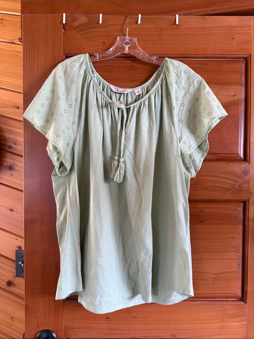 Light Green Women’s Peasant Top with Tassel Tie